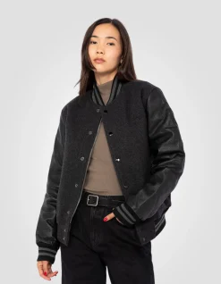 Blouson teddy gris et noir, cuir de vachette - GRIS/NOIR