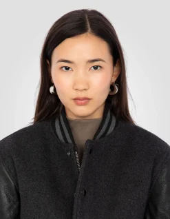 Blouson teddy gris et noir, cuir de vachette - GRIS/NOIR