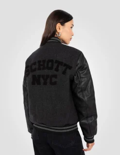 Blouson teddy gris et noir, cuir de vachette - GRIS/NOIR