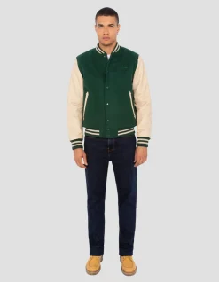 Blouson teddy vert et beige, cuir de vachette - VERT/BEIGE
