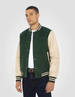 Blouson teddy vert et beige, cuir de vachette - VERT/BEIGE