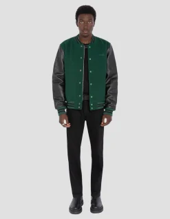 Blouson teddy vert et noir, cuir de vachette - VERT/NOIR