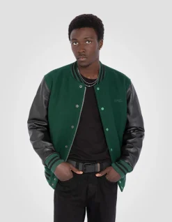 Blouson teddy vert et noir, cuir de vachette - VERT/NOIR