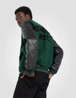 Blouson teddy vert et noir, cuir de vachette - VERT/NOIR