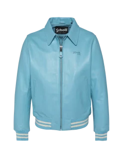 Blouson varsity bleu ciel, cuir de vachette - BLEU CIEL/ÉCRU