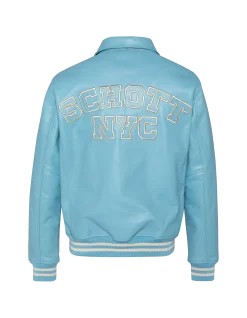 Blouson varsity bleu ciel, cuir de vachette - BLEU CIEL/ÉCRU