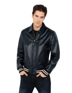 Blouson varsity bleu marine, cuir de vachette - MARINE/BLANC CASSÉ