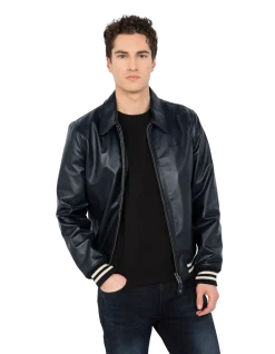 Blouson varsity bleu marine, cuir de vachette - MARINE/BLANC CASSÉ