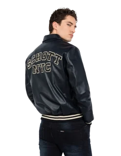 Blouson varsity bleu marine, cuir de vachette - MARINE/BLANC CASSÉ