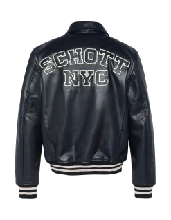 Blouson varsity bleu marine, cuir de vachette - MARINE/BLANC CASSÉ