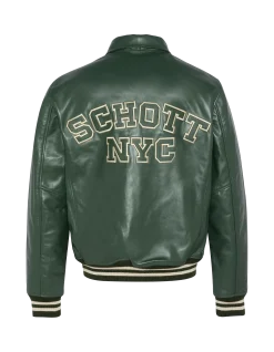 Blouson varsity vert, cuir de vachette - VERT/BLANC CASSÉ