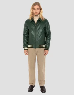 Blouson vert casual avec bord côte rayé, cuir de vachette - VERT
