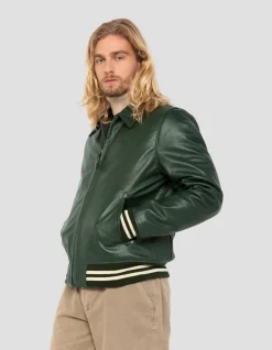 Blouson vert casual avec bord côte rayé, cuir de vachette - VERT