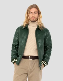 Blouson vert casual avec bord côte rayé, cuir de vachette - VERT