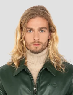 Blouson vert casual avec bord côte rayé, cuir de vachette - VERT