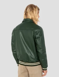 Blouson vert casual avec bord côte rayé, cuir de vachette - VERT