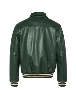Blouson vert casual avec bord côte rayé, cuir de vachette - VERT