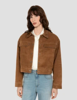 Blouson western court caramel, chèvre velours - CARAMEL