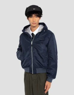 Bomber bleu marine foncé lavé à capuche en nylon recyclé - MARINE FONCÉ