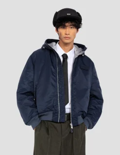 Bomber bleu marine foncé lavé à capuche en nylon recyclé - MARINE FONCÉ
