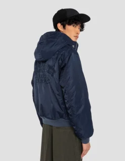 Bomber bleu marine foncé lavé à capuche en nylon recyclé - MARINE FONCÉ