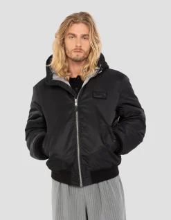 Bomber noir lavé à capuche en nylon recyclé - NOIR