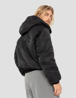 Bomber noir lavé à capuche en nylon recyclé - NOIR