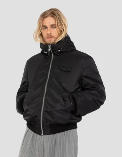 Bomber noir lavé à capuche en nylon recyclé - NOIR