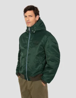 Bomber vert forêt lavé à capuche en nylon recyclé - VERT FORÊT