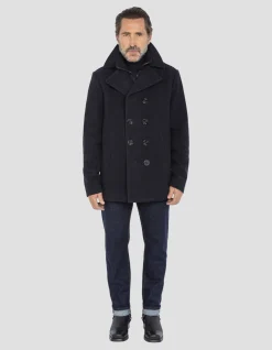 Caban bleu marine foncé en laine mélangée à plastron amovible - MARINE FONCÉ