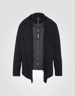 Caban bleu marine foncé en laine mélangée à plastron amovible - MARINE FONCÉ