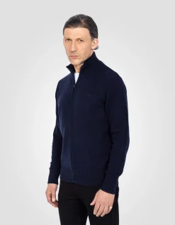 Cardigan zippé bleu marine en lambswool - MARINE