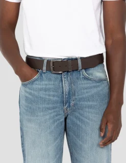 Ceinture marron vintage avec boucle métallique perforée, cuir de vachette - MARRON