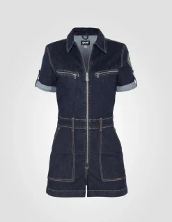 Combishort slim badgée en denim brut - DENIM BRUT