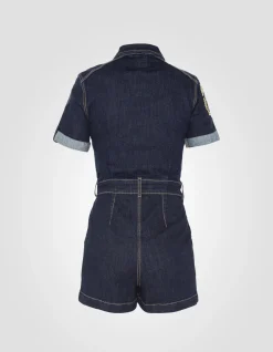 Combishort slim badgée en denim brut - DENIM BRUT