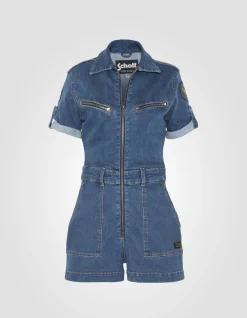 Combishort slim badgée en jean bleu - BLEU MEDIUM