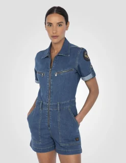 Combishort slim badgée en jean bleu - BLEU MEDIUM