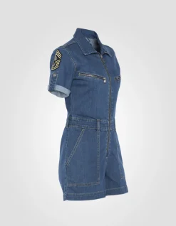 Combishort slim badgée en jean bleu - BLEU MEDIUM