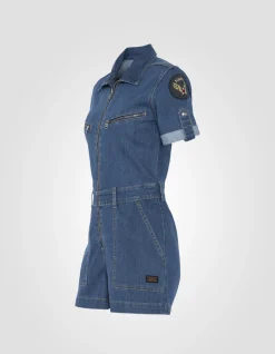 Combishort slim badgée en jean bleu - BLEU MEDIUM