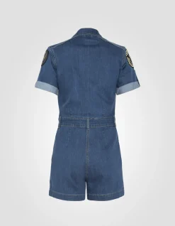 Combishort slim badgée en jean bleu - BLEU MEDIUM
