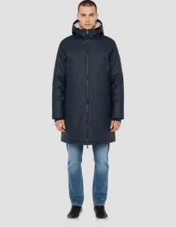 Coupe-vent long bleu marine à capuche doublé sherpa - MARINE