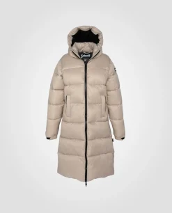 Doudoune beige à capuche extra longue en nylon recyclé - BEIGE