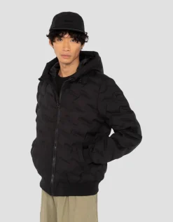 Doudoune noire à capuche avec matelassage soudé, sans couture - NOIR