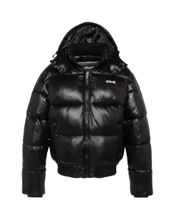 Doudoune noire à capuche shiny, coupe boxy - NOIR