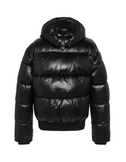 Doudoune noire à capuche shiny, coupe boxy - NOIR