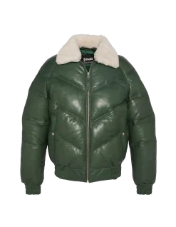 Doudoune rétro streetwear verte, cuir de vachette - VERT