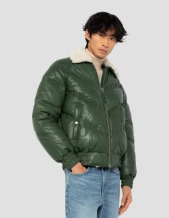 Doudoune rétro streetwear verte, cuir de vachette - VERT