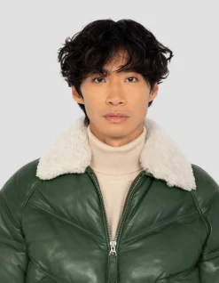 Doudoune rétro streetwear verte, cuir de vachette - VERT