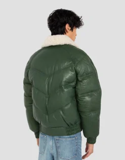 Doudoune rétro streetwear verte, cuir de vachette - VERT