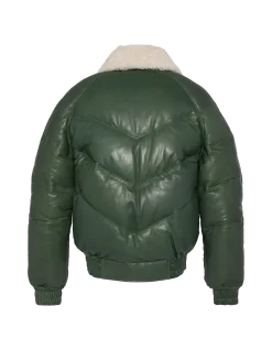 Doudoune rétro streetwear verte, cuir de vachette - VERT